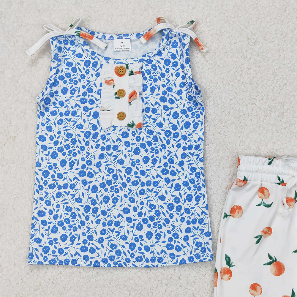 4.17 GSSO2355 RTS NO MOQ Sleeveless blue floral top peach shorts girls clothing set