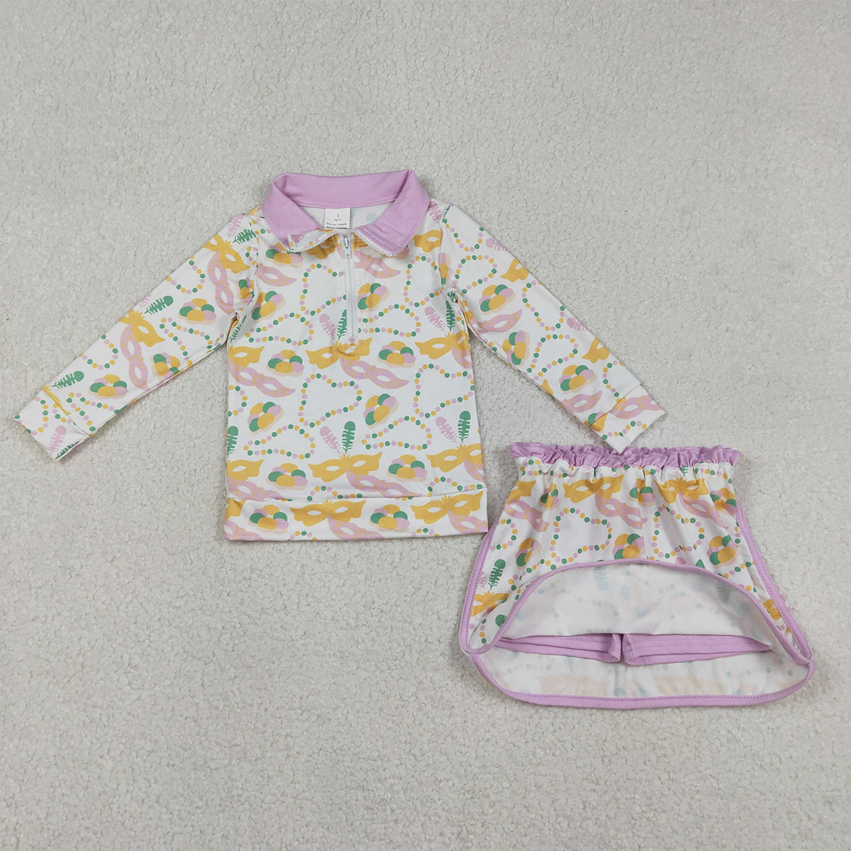 12.16 RTS NO MOQ (In stock)GLD1334 Baby Girls Mardigras Donuts Masks Zip Pullover Skirt Shorts Clothes Sets