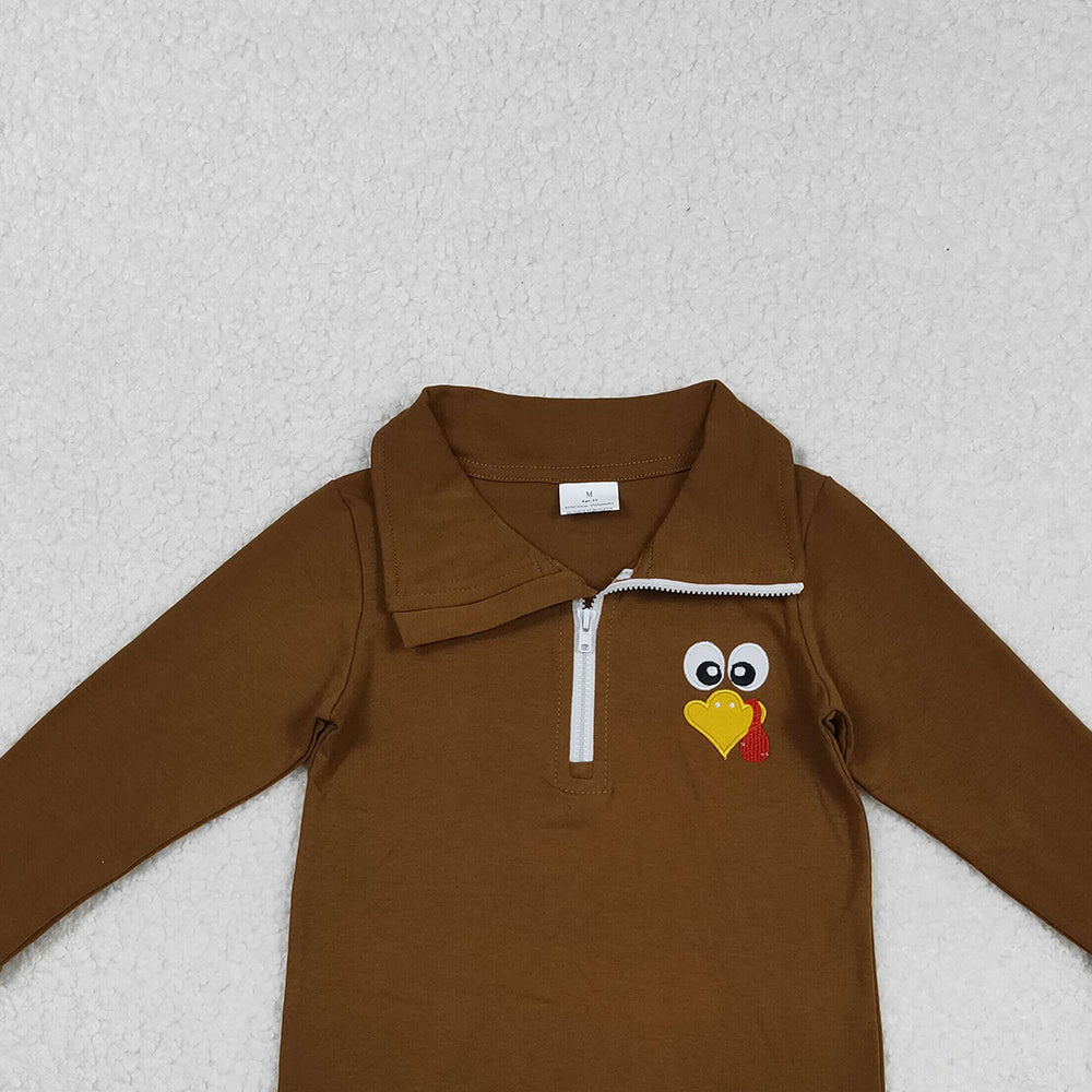 RTS NO MOQ (In stock)BT1265 Baby Boys Long Sleeve Tops Brown Zippered Turkey Polo Shirts Tops for Thanksgiving