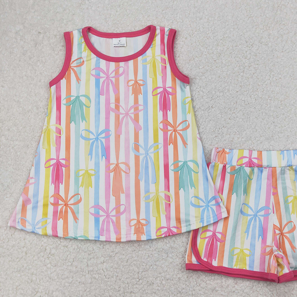 5.17 GSSO2465 RTS NO MOQ Baby Girls Summer Outfits Baby Girls Summer Colorful Bow Striped Shorts Set