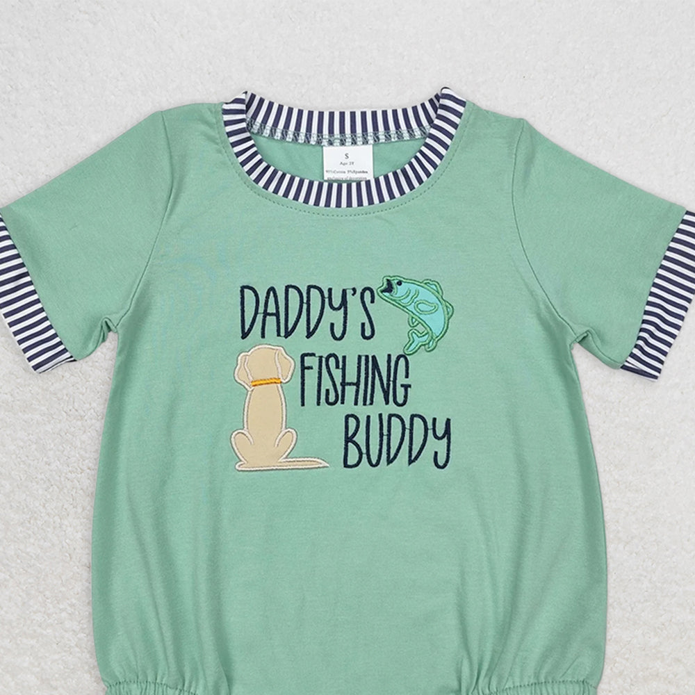 SR2336RTS NO MOQ Baby Boys Summer Rompers Green short sleeves daddy's fishing buddy baby boy romper