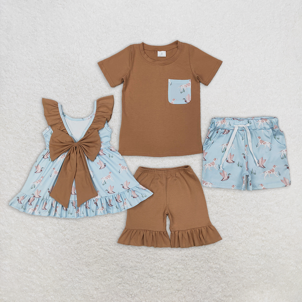 5.28 RTS NO MOQ Khaki ruffle duck dog tunic shorts kids girls boys hunting outfits
