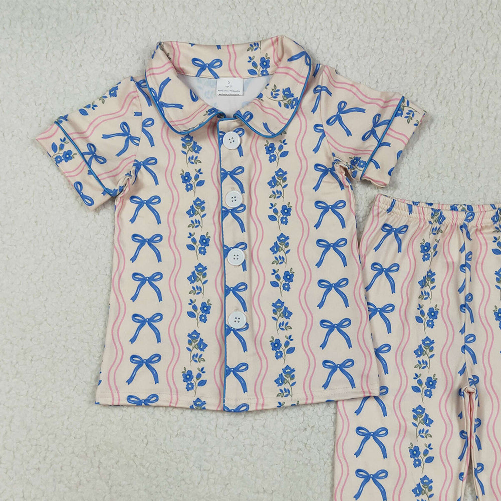 RTS NO MOQ (In stock)GSPO2050 Baby Girl Autumn Outfits Baby Girls Short Sleeves Blue Bows Flower Stripe Top Pants Pajamas Sets