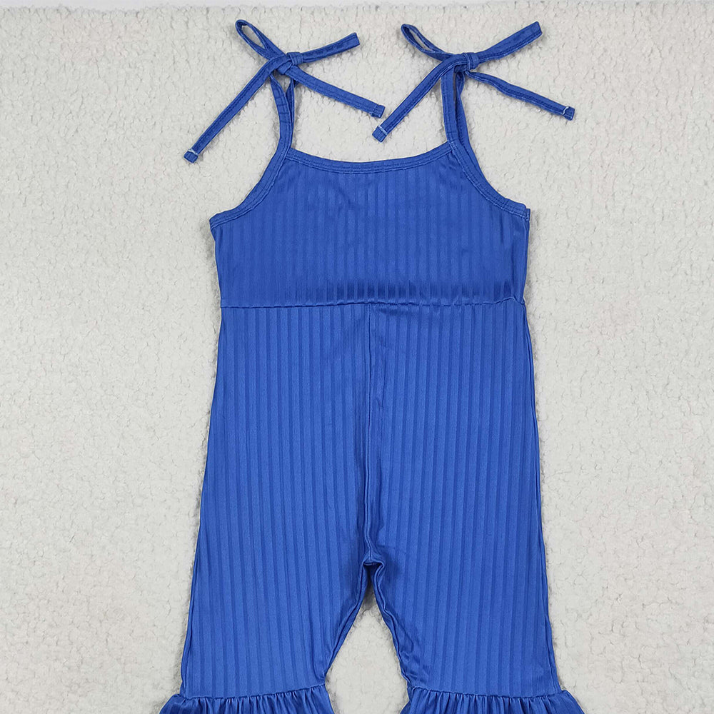 RTS NO MOQ (In stock)SR3158 Baby Girls Summer Jumpsuits Baby Girls Royal Blue Strap Bell Bottom Ribbed Jumpsuits