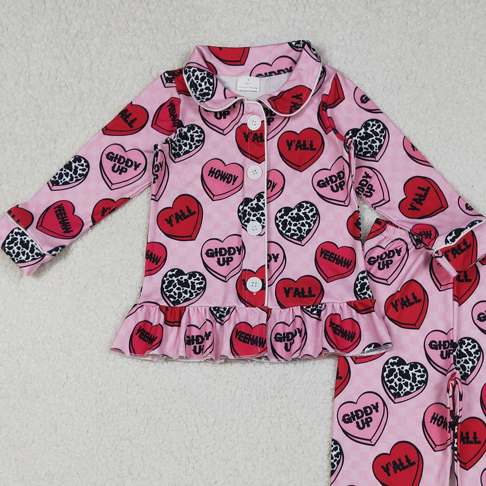 10.10 RTS NO MOQ (In stock)GLP2843 Baby Girls Winter Outfits Baby Girls Pink Checked Hearts Button Top Pants Valentine Pajamas Sets