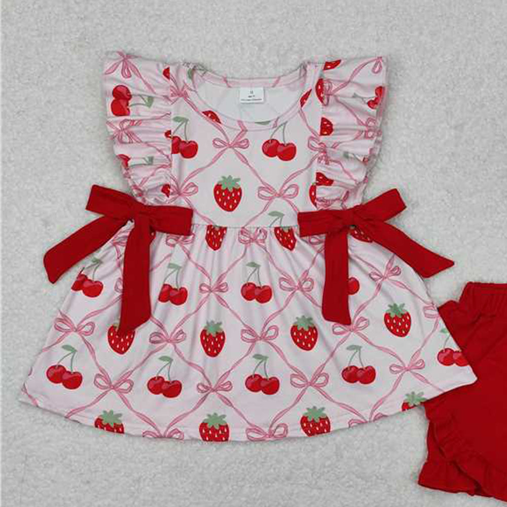 4.30 GSSO1640 RTS NO MOQ Baby Girls Pink Flutter Sleeves Bows Strawberry Print Tunic Ruffle Shorts Set