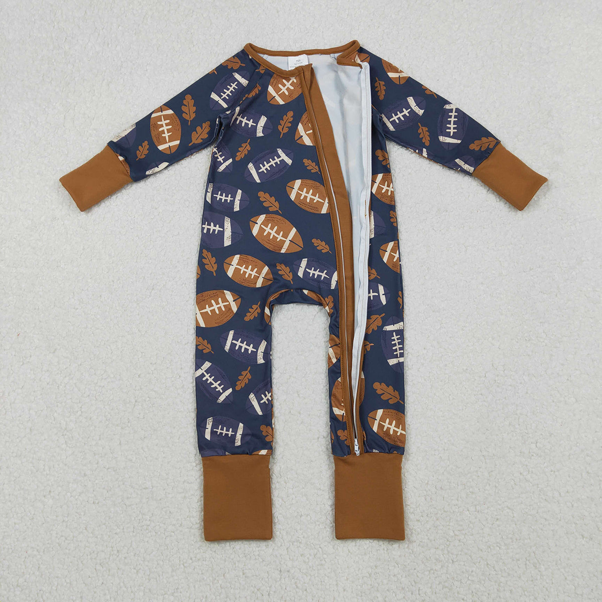 10.21 RTS NO MOQ (In stock)LR2543 Baby Boys Winter Rompers Baby Boys Leaves Footballs Fall Team Zipper Footie Rompers