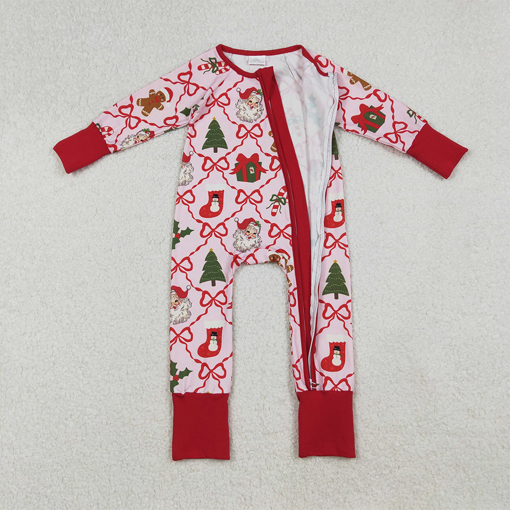9.29 RTS NO MOQ (In stock)LR2632 Baby Girls Winter Rompers Baby Girls Red Bows Santa Gifts Checked Christmas Zipper Footie Rompers