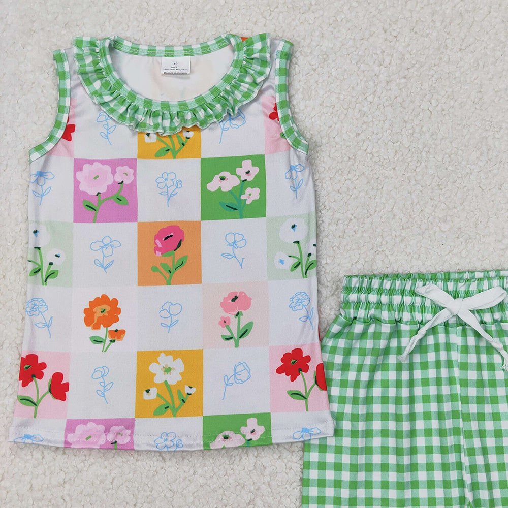 6.11 GSSO2415 RTS NO MOQ Baby Girls Summer Outfits Baby Girls Flowers Top Green Gingham Play Shorts Set