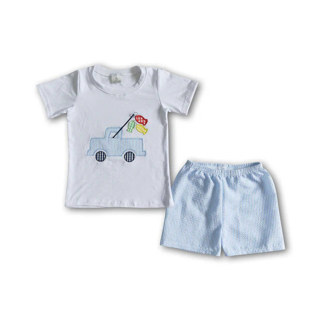 BSSO0018 Sales New RTS No Moq Promotion Fishing truck embroidery baby boy summer clothes