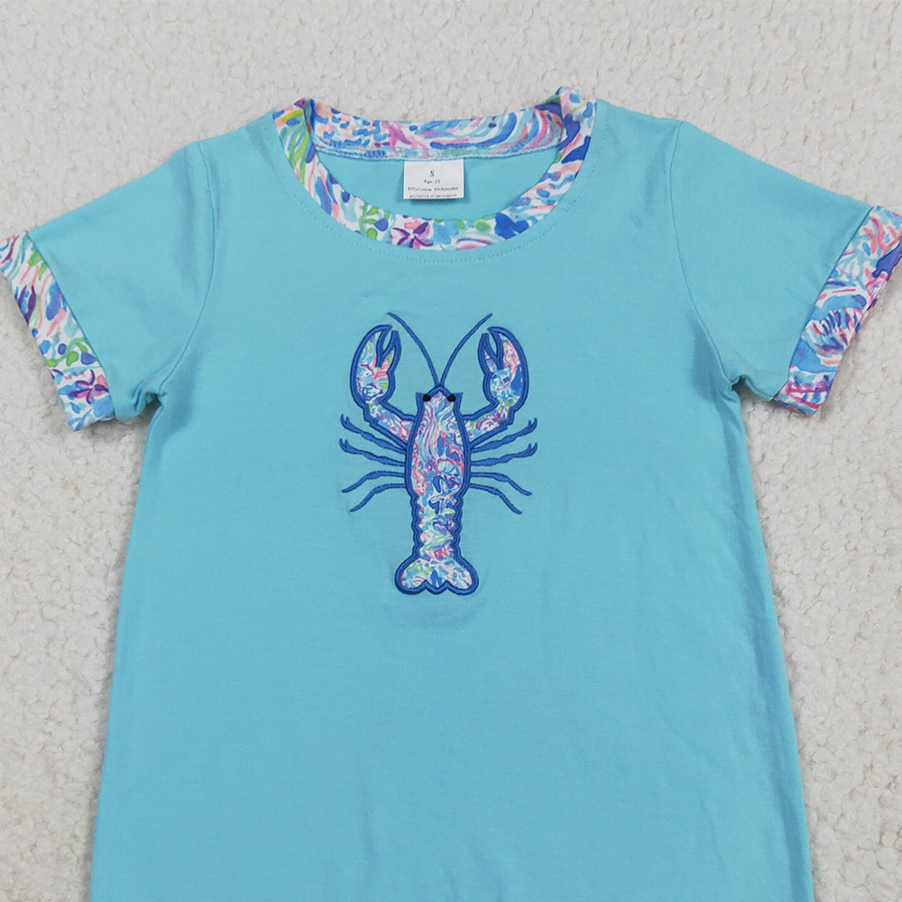 8.22 RTS NO MOQ (In stock)SR3044 Baby Boys Summer Rompers Embroidery Baby Boys Blue Short Sleeves Crayfish Rompers