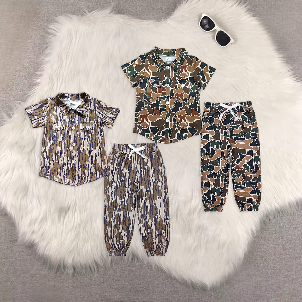 8.18 Sibling Short sleeves dark camo pockets kids boys button down shirt Brown camo pockets elastic waist boys hunting pants sets