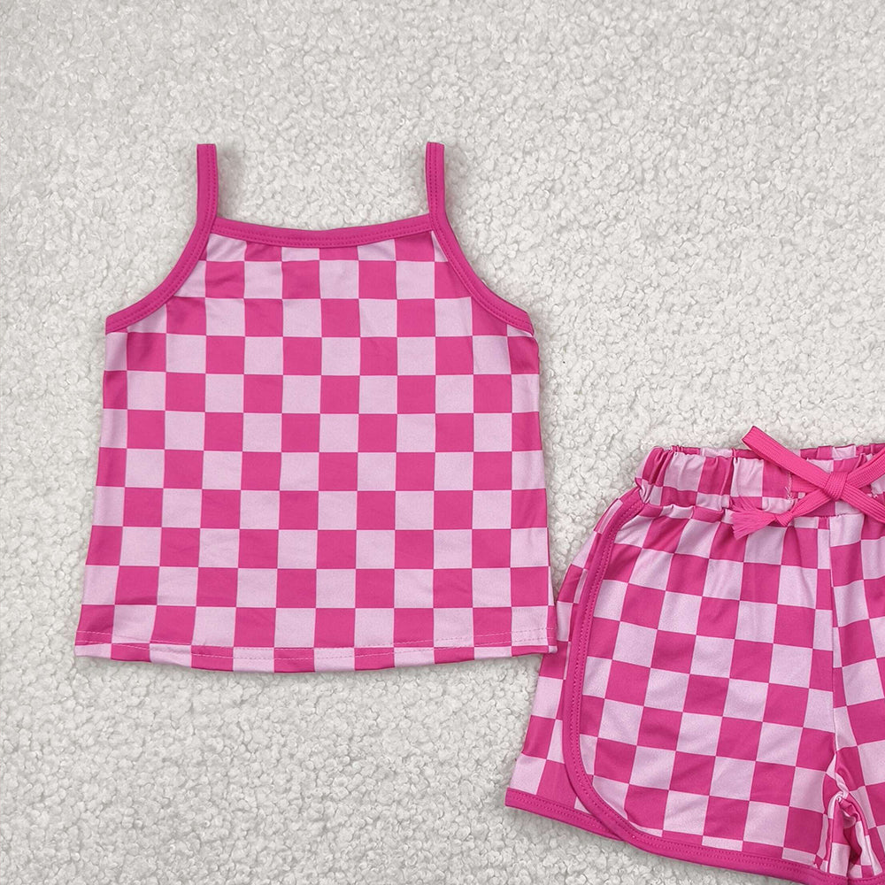 7.19 GSSO2336 RTS NO MOQ Baby Girls Summer Outfits baby girls clothes plaid pink sleeveless shorts set