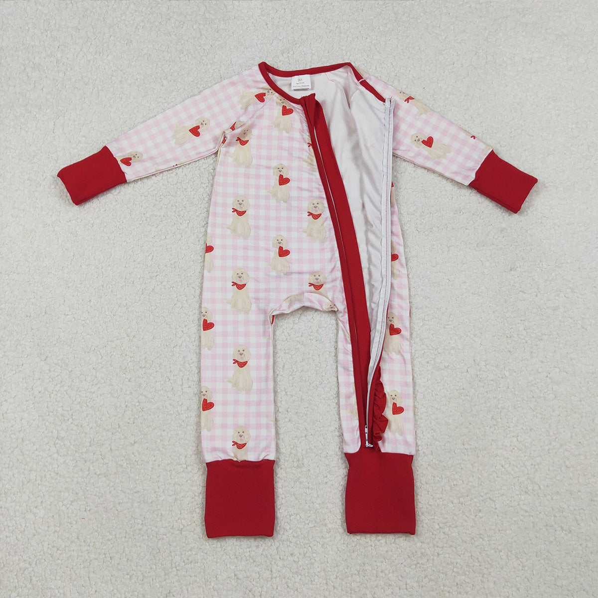 10.18 RTS NO MOQ (In stock)LR2681 Baby Girls Winter Rompers Baby Girls Pink Checked Dogs Hearts Valentine Ruffle Zipper Footie Romper