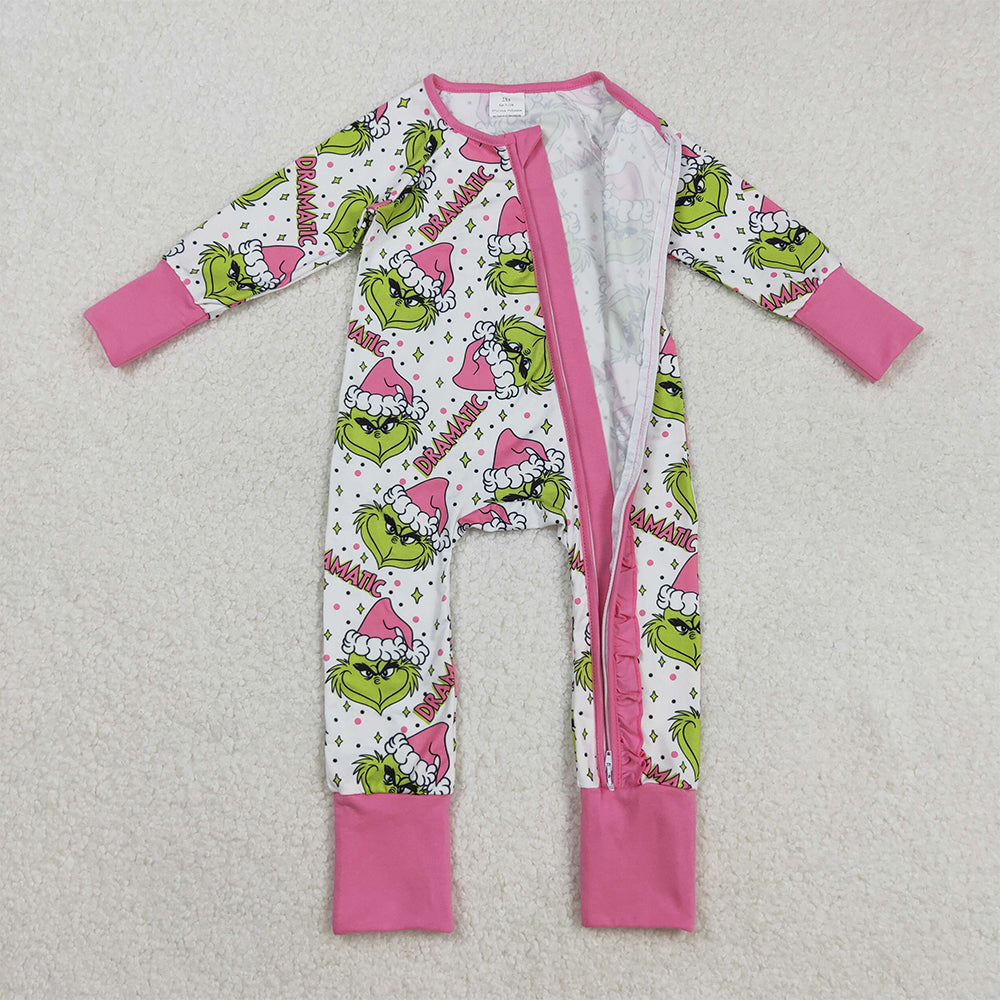 RTS NO MOQ (In stock)LR2495 Baby Girls Winter Rompers Baby Girls Green Faces Stars Plaid Ruffle Zipper Christmas Rompers