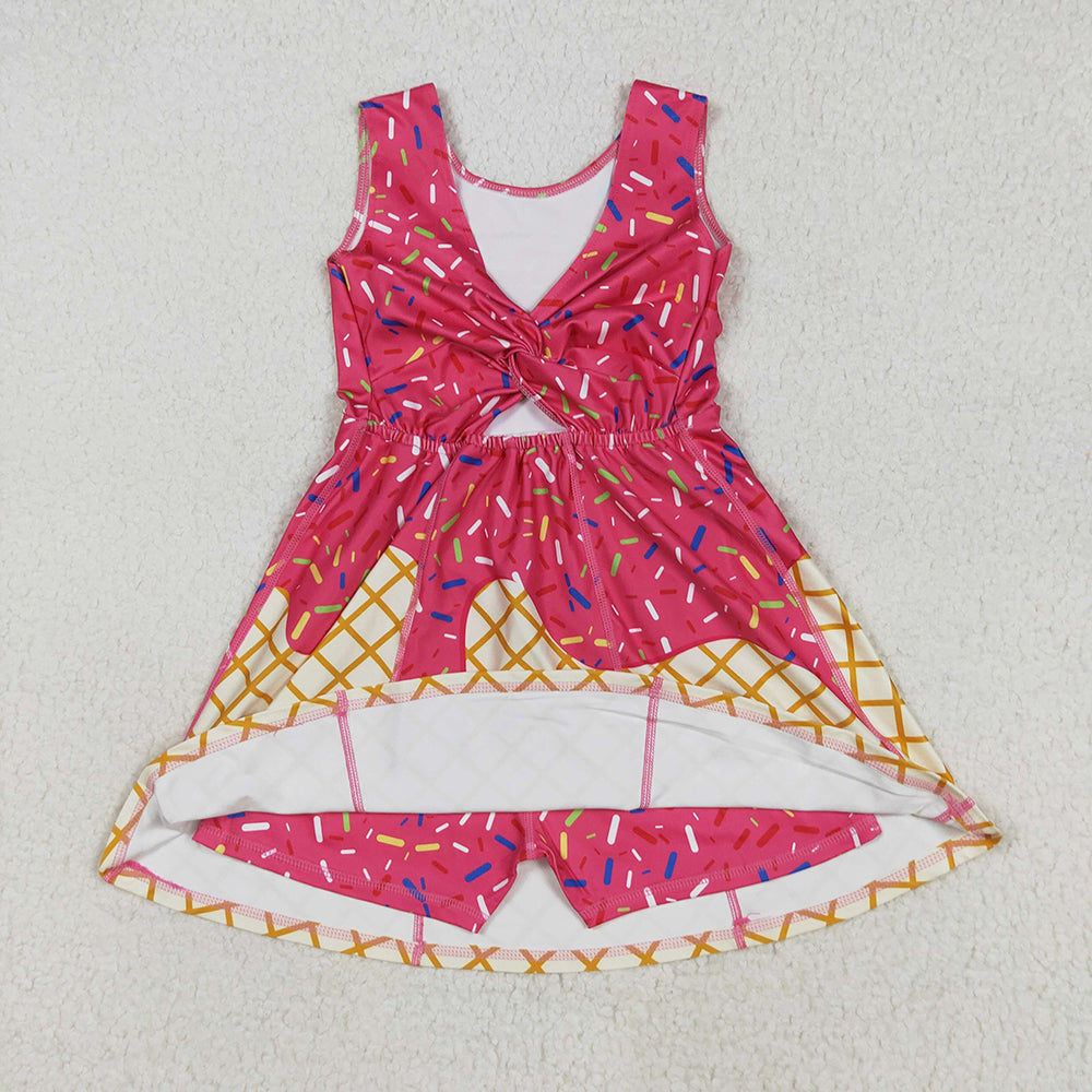 RTS NO MOQ (In stock)GSD2747 Baby Girls Summer Yoga Dress Baby Girls Darkpink Drip Sprinkles Team Yoga Active Knee Length Dresses