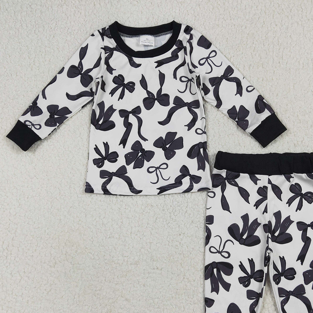 8.18 GLP2395 RTS NO MOQ Baby Girls Winter Outfits Baby Girls Long Sleeves Black Bows Top Pant Pajamas Set
