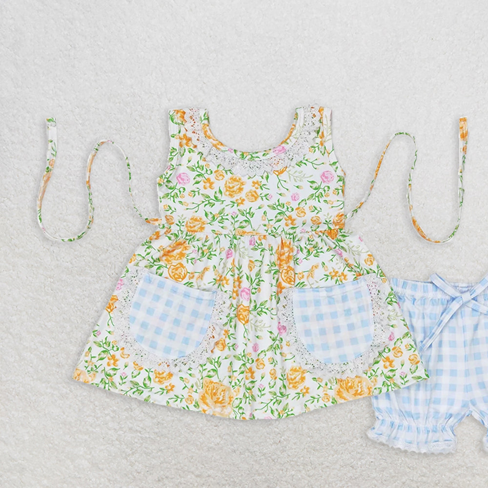 GSSO0871 RTS NO MOQ Baby Girls Summer Outfits Yellow flower green leaf pocket sleeveless plaid shorts suit