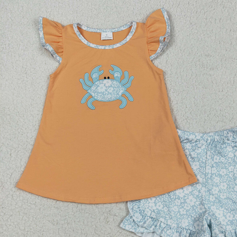 7.14 GSSO2555RTS NO MOQ Baby Girls Summer Outfits Embroidery Baby Girls Orange Crab Tunic Floral Ruffle Short Set