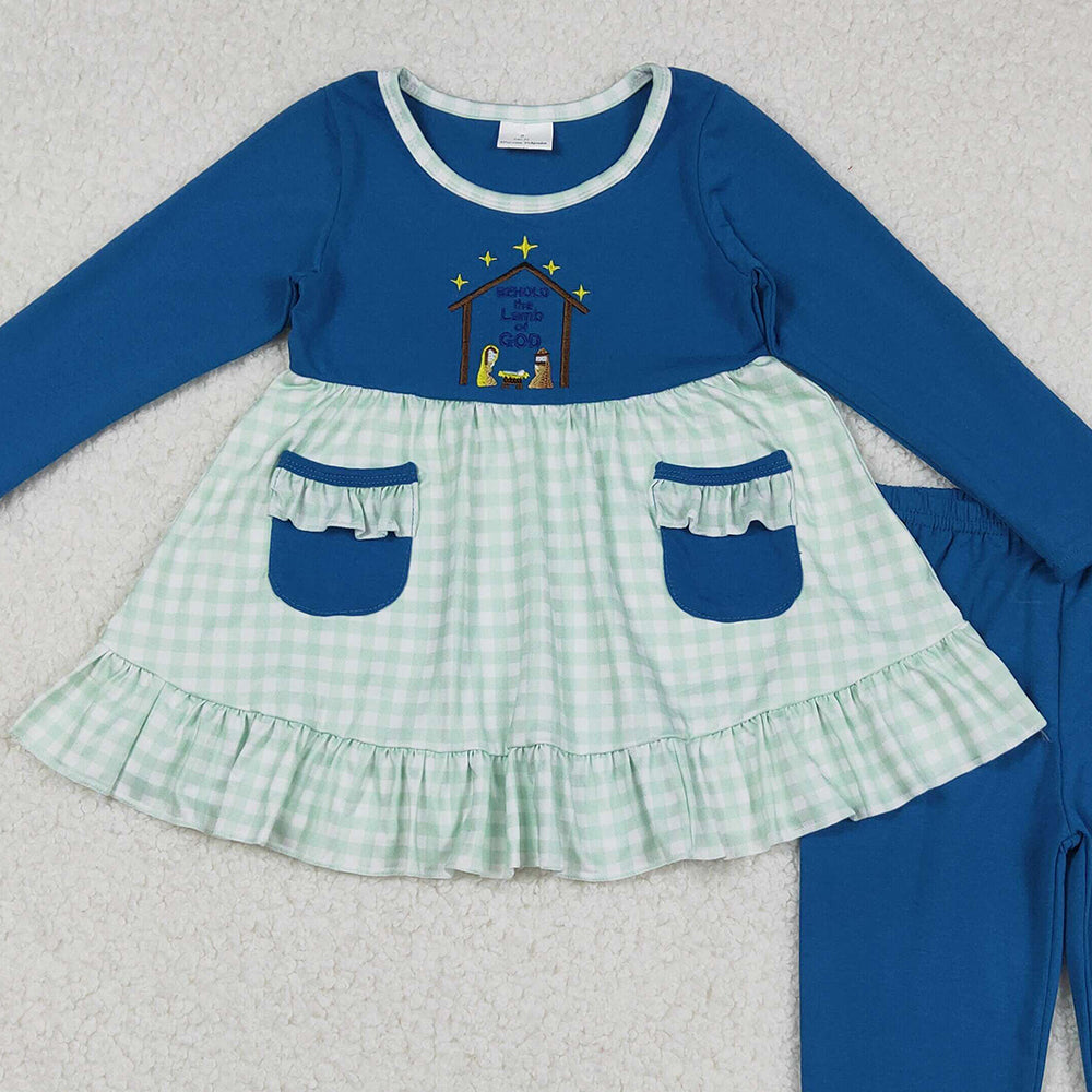 RTS NO MOQ (In stock)GLP2625 Baby Girls Winter Outfits Girls Nativity Pockets Tunic Leggings Christmas Theme Children's Outfit Set for Holiday Events