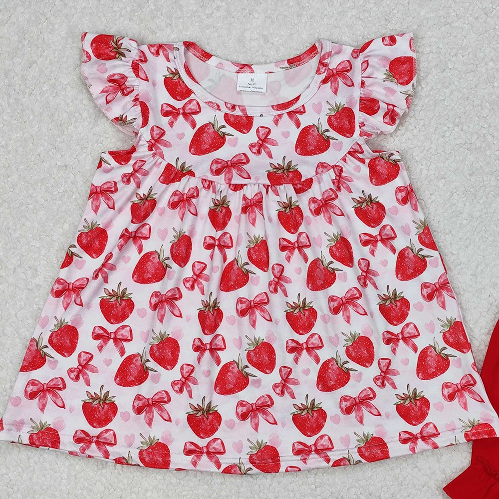 GSSO1902RTS NO MOQ Baby Girls Summer Outfits By Air Arrived it Flutter sleeves bow strawberry tunic shorts girls clothes