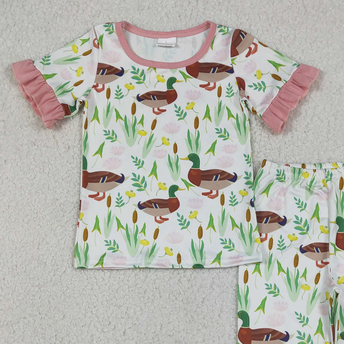 12.22 RTS NO MOQ (In stock)GSPO1252 Baby Girls Duck Floral Top Ruffle Pants Hunting Pajamas Sets
