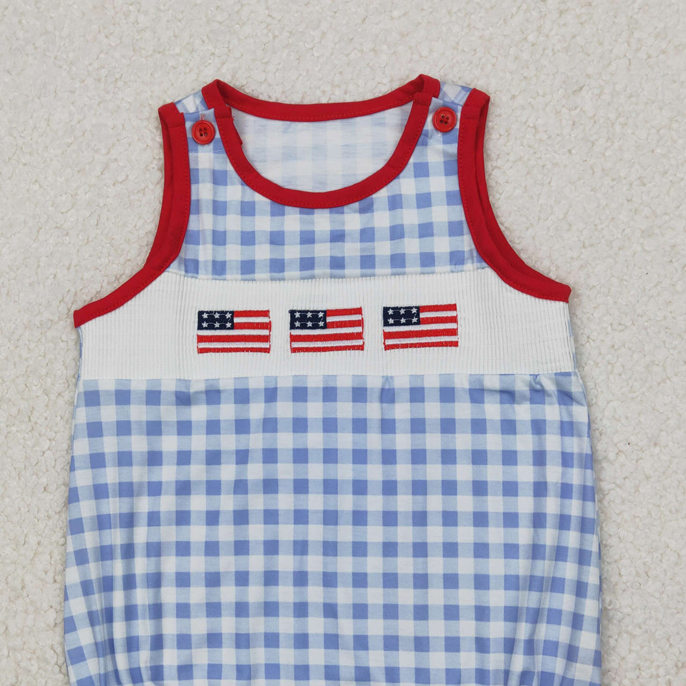 4.10 SR2572 RTS NO MOQ Baby Boys Summer Romper Baby Boys Gray Plaid Sleeveless Flags 4th Of July Smocked Romper