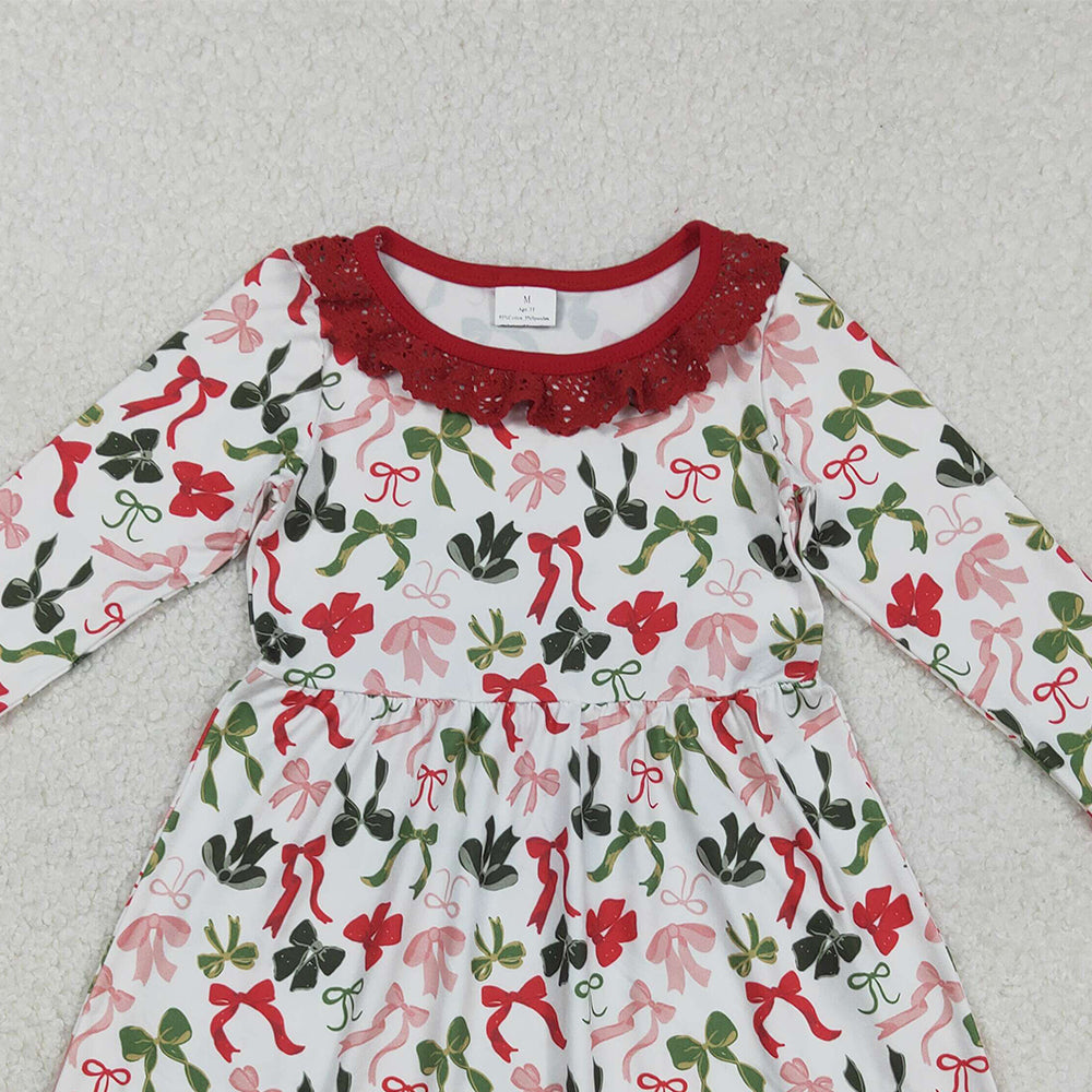 RTS NO MOQ (In stock)GLD1036 Baby Girls Winter Dress Colorful Bows Christmas Lace Ruffle Knee-Length Dress