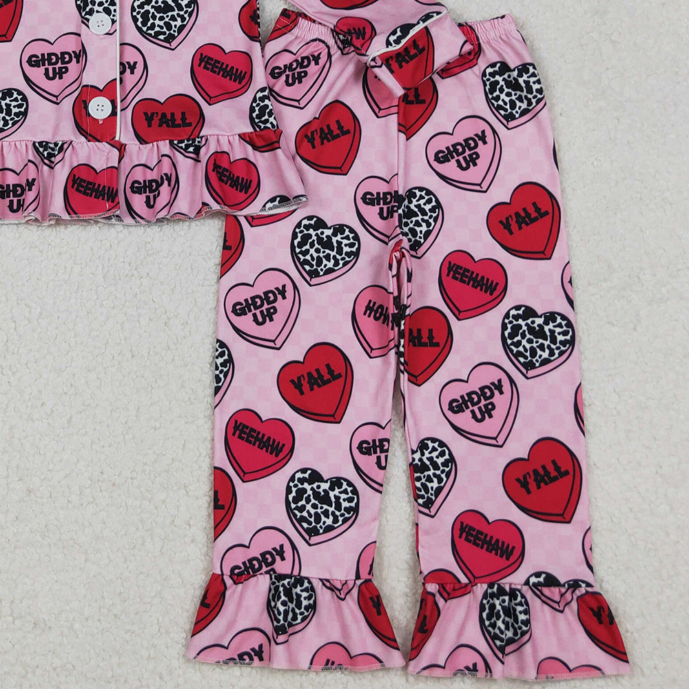 10.10 RTS NO MOQ (In stock)GLP2843 Baby Girls Winter Outfits Baby Girls Pink Checked Hearts Button Top Pants Valentine Pajamas Sets