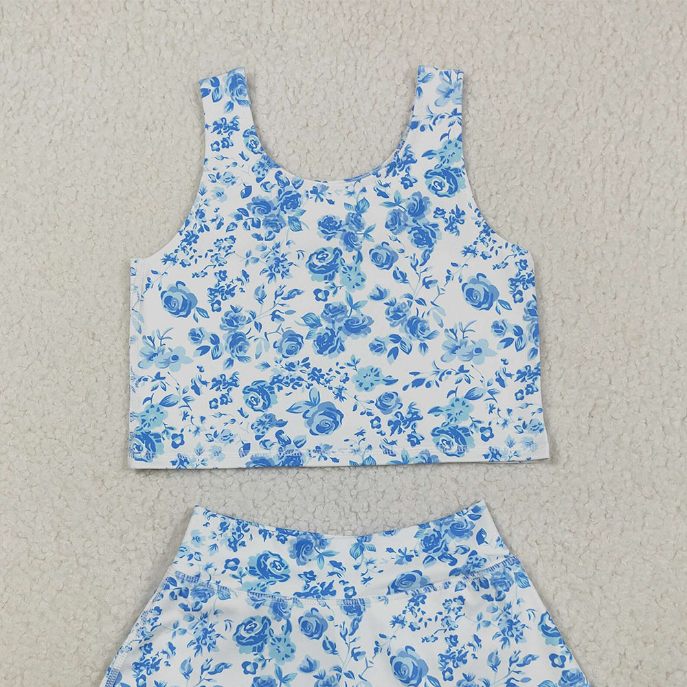 8.23 RTS NO MOQ (In stock)GSD2787 Baby Girls Yoga Outfits Baby Girls Blue Flowers Print Vest Top Shorts Skirts Yoga Activity Set