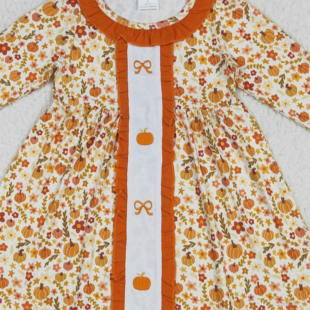 8.16 GLD1058RTS NO MOQ Baby Girls Winter Dress Embroidery Baby Girls Long Ruffle Sleeves Bows Pumpkins Flowers Knee Length Dresses
