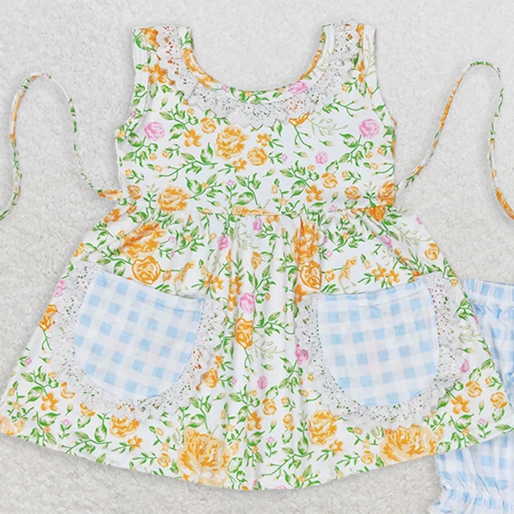 GSSO0871 RTS NO MOQ Baby Girls Summer Outfits Yellow flower green leaf pocket sleeveless plaid shorts suit