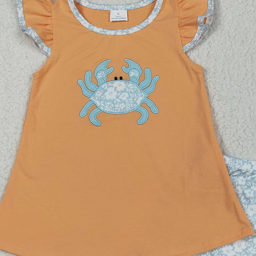 7.14 GSSO2555RTS NO MOQ Baby Girls Summer Outfits Embroidery Baby Girls Orange Crab Tunic Floral Ruffle Short Set