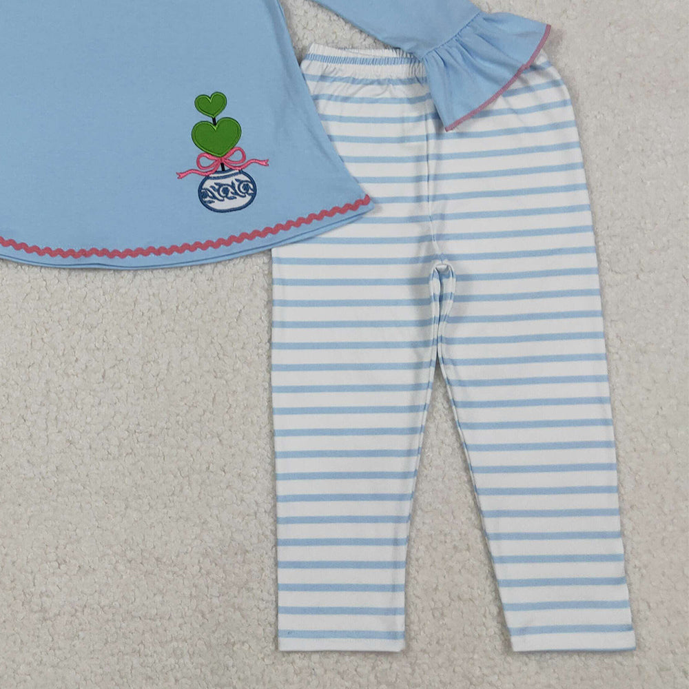 RTS NO MOQ (In stock)GLP2465 Baby Girls Winter Outfits Embroidery Bows Plants Blue Tunic Stripe Legging Sets