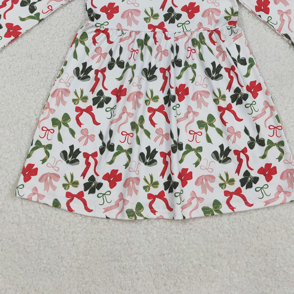 RTS NO MOQ (In stock)GLD1036 Baby Girls Winter Dress Colorful Bows Christmas Lace Ruffle Knee-Length Dress