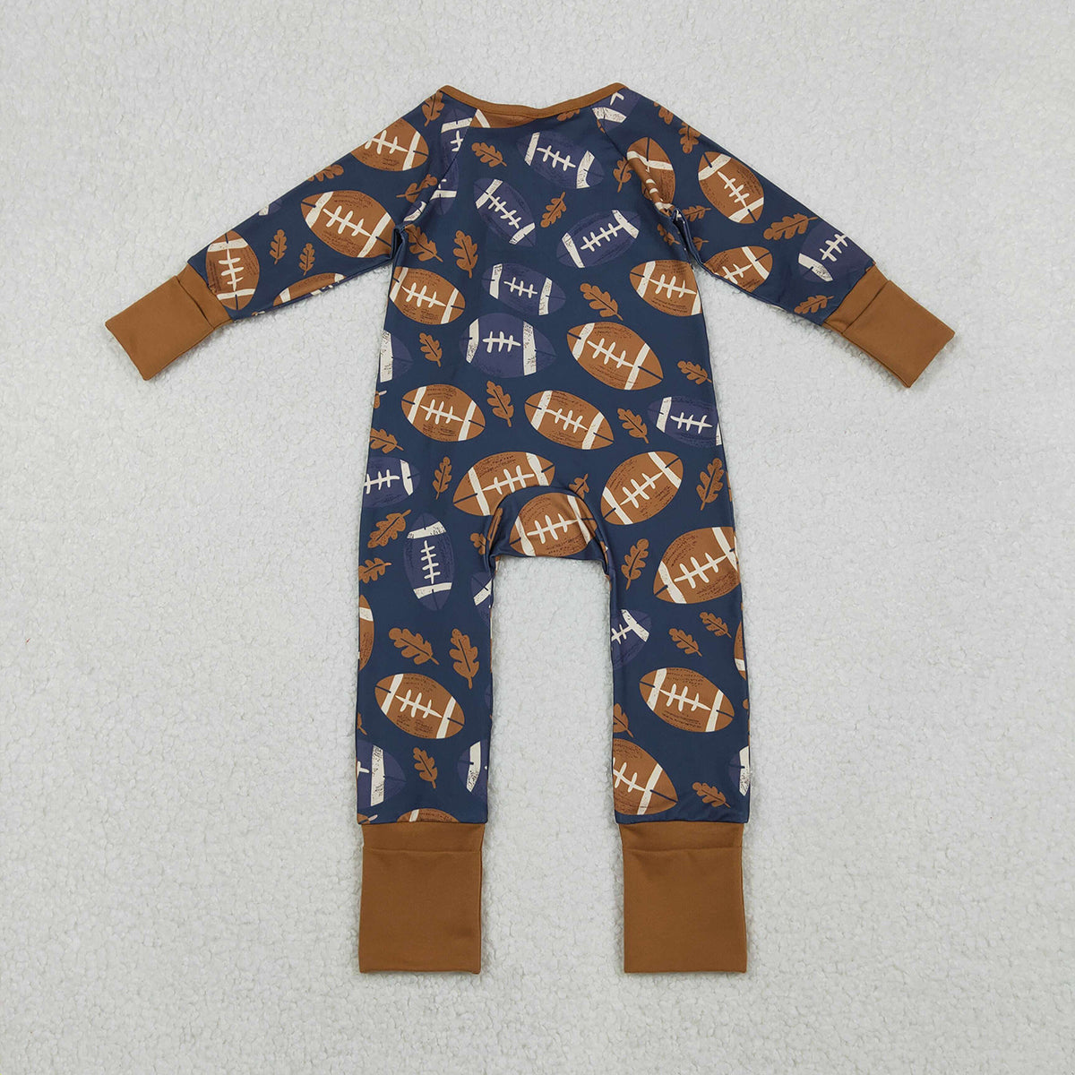 10.21 RTS NO MOQ (In stock)LR2543 Baby Boys Winter Rompers Baby Boys Leaves Footballs Fall Team Zipper Footie Rompers