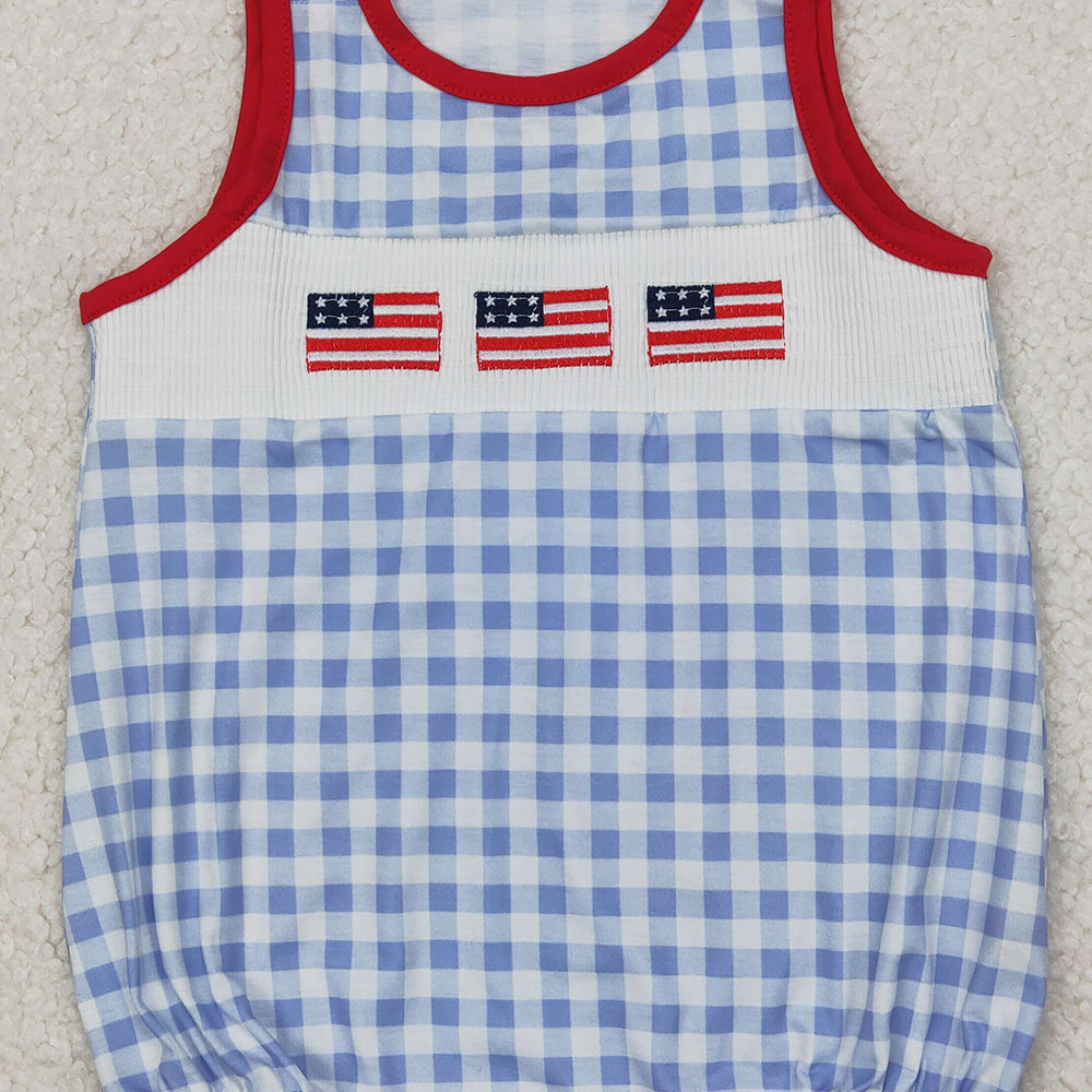 4.10 SR2572 RTS NO MOQ Baby Boys Summer Romper Baby Boys Gray Plaid Sleeveless Flags 4th Of July Smocked Romper