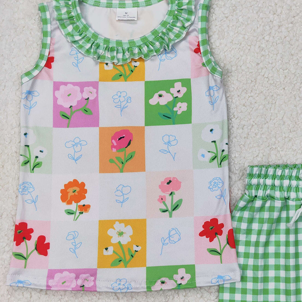 6.11 GSSO2415 RTS NO MOQ Baby Girls Summer Outfits Baby Girls Flowers Top Green Gingham Play Shorts Set