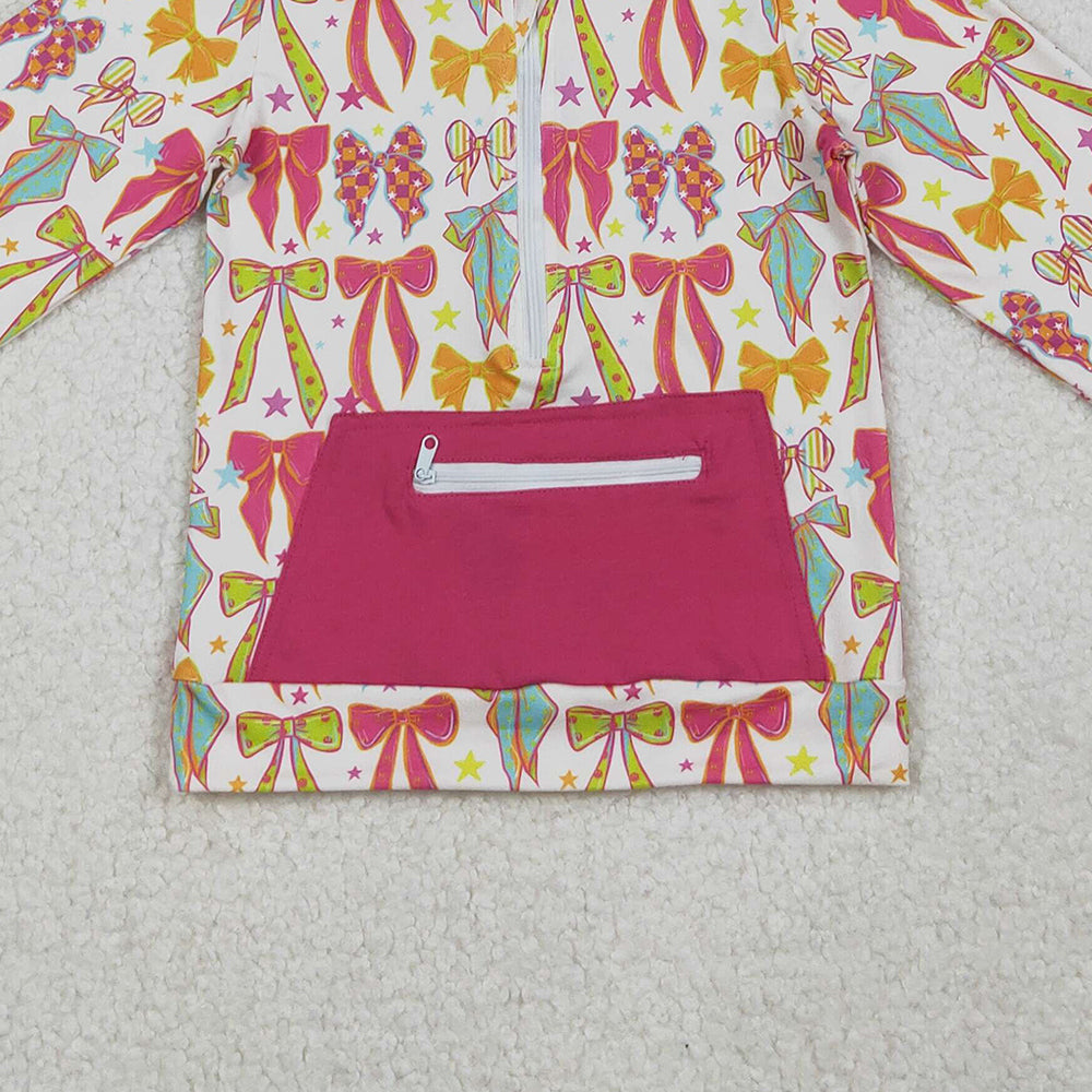 RTS NO MOQ (In stock)GT1121 Baby Girls Long Sleeve Tops Long Sleeves Colorful Bows Stars Pockets Zipper Hoodies Top