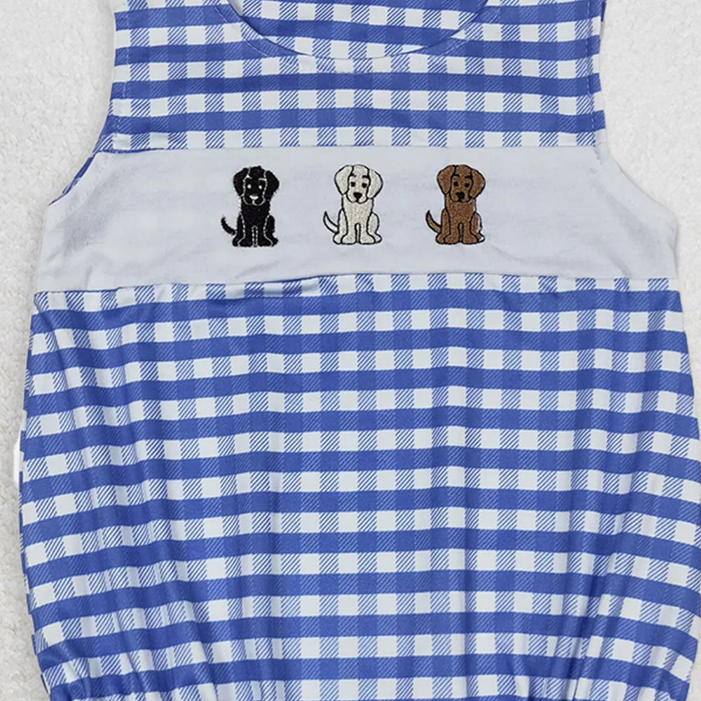 SR1048 RTS NO MOQ Baby Boys Summer Rompers Baby Infant Boys Dogs Blue Checkered Sleeveless Rompers
