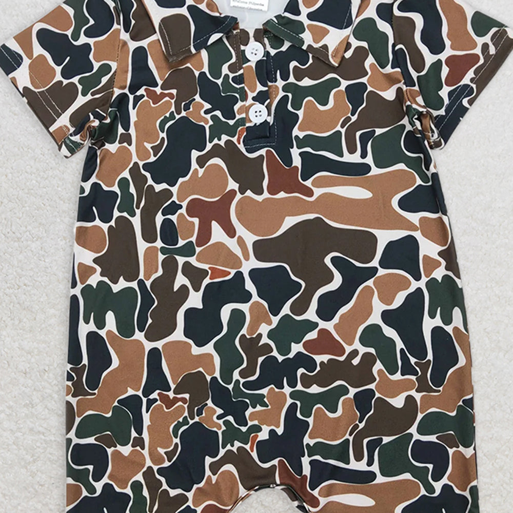 5.20 SR2979 RTS NO MOQ Baby Boys Summer Rompers Short sleeves brown camo baby boys polo romper