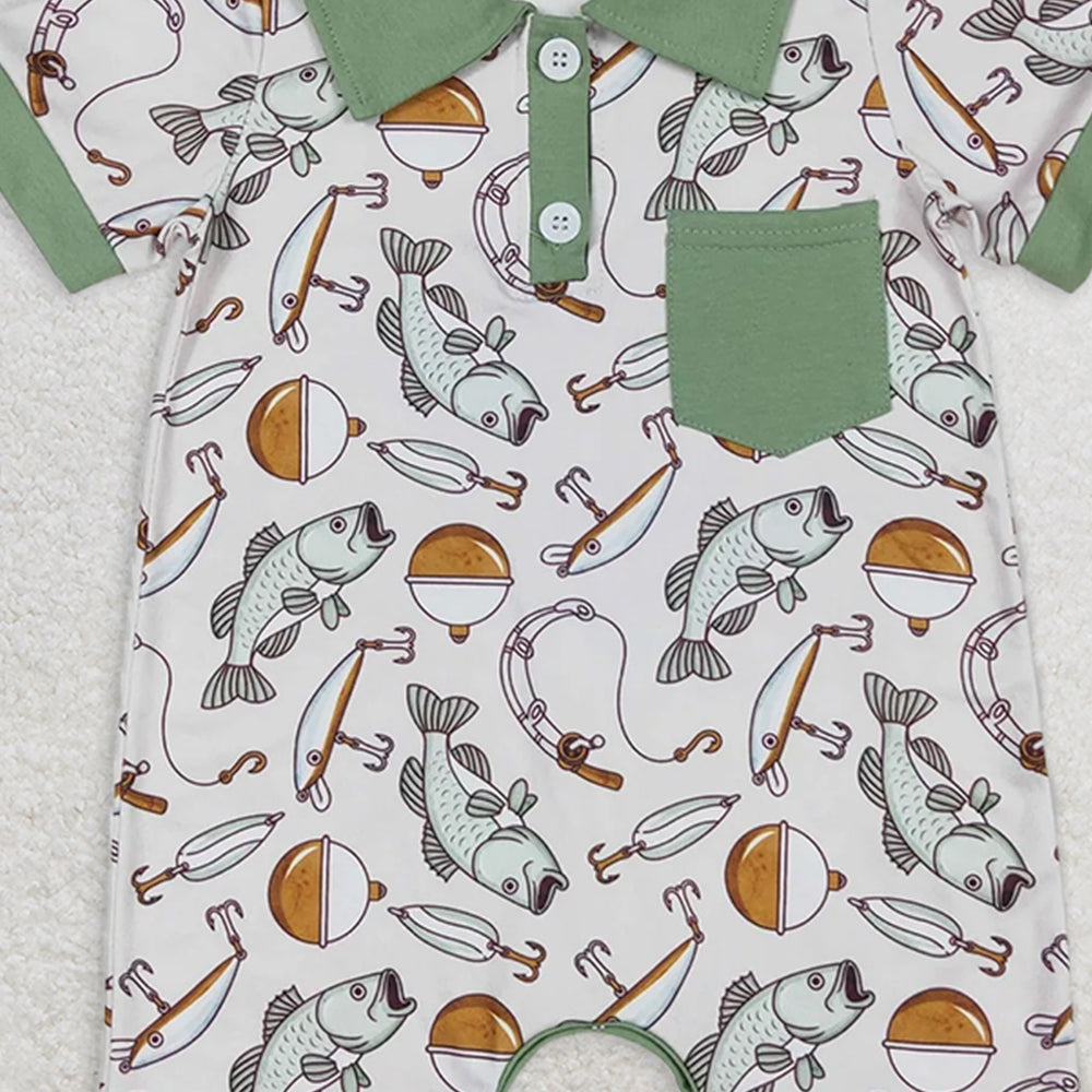 USA Shop (in stock)SR2472RTS NO MOQ Baby Boys Summer Rompers Baby Boys Short Sleeve Polo Romper with Pocket Fishing Theme Casual Outfit for Toddlers