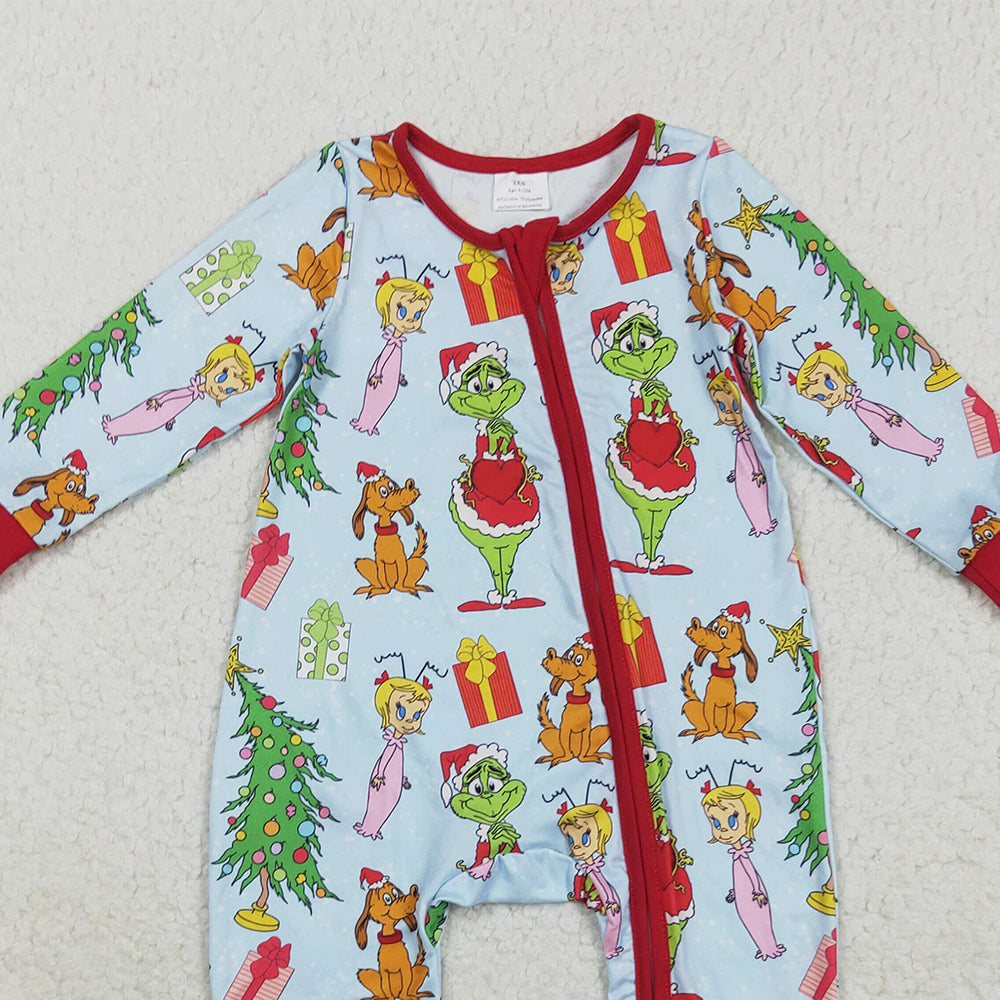 RTS NO MOQ (In stock)LR2478 Baby Girls Winter Rompers Baby Girls Green Face Christmas Trees Zipper Footed Rompers