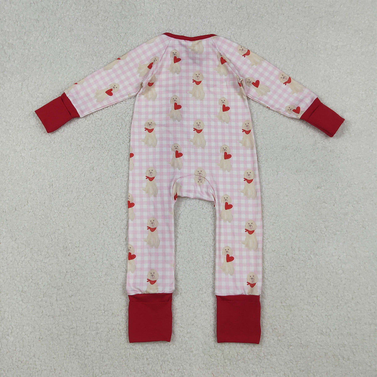 10.18 RTS NO MOQ (In stock)LR2681 Baby Girls Winter Rompers Baby Girls Pink Checked Dogs Hearts Valentine Ruffle Zipper Footie Romper