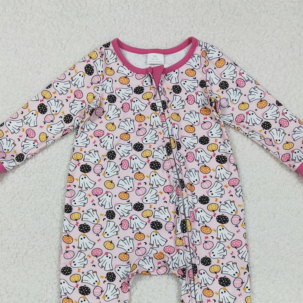 RTS NO MOQ (In stock)LR2506 Baby Girls Winter Rompers Halloween Footed Rompers Ghosts Pumpkins Design with Zipper for Infant Girls' Halloween Costume Clothing
