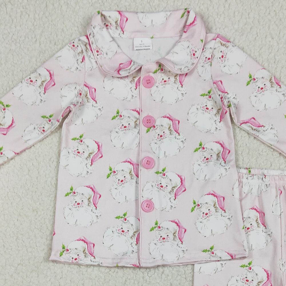 8.18 RTS NO MOQ (In stock) GLP2376 Baby Girls Winter Outfits Baby Girls Pink Long Sleeves With Fur Santa Button Top Pants Pajamas Set