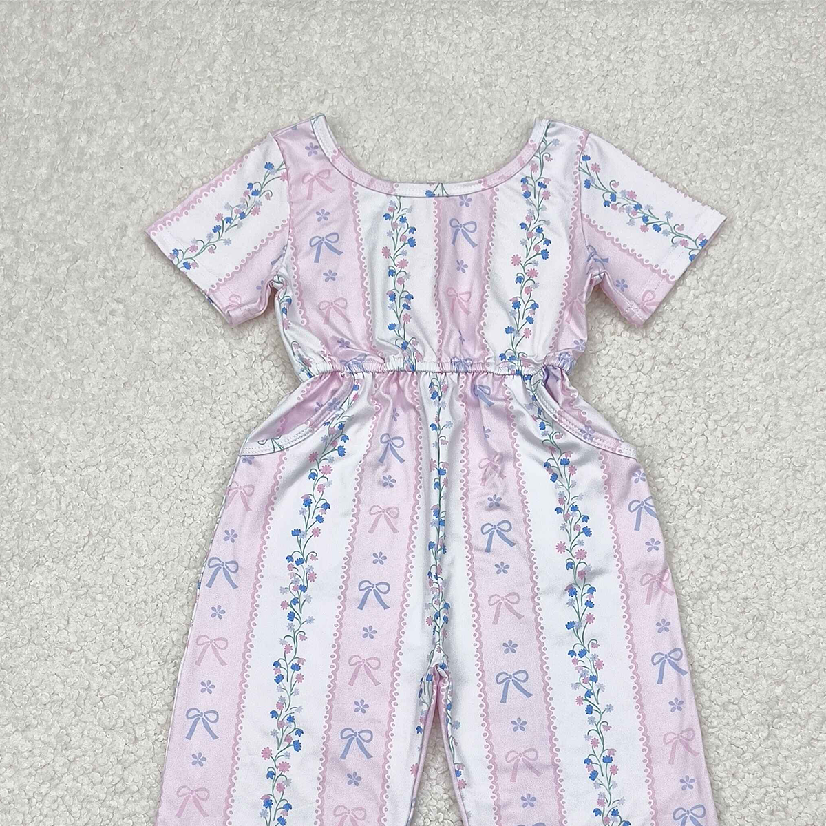6.13 SR2941 RTS NO MOQ Baby Girls Summer Jumpsuits Baby Girls Pink Short Sleeves Bows Floral Pockets Jumpsuits