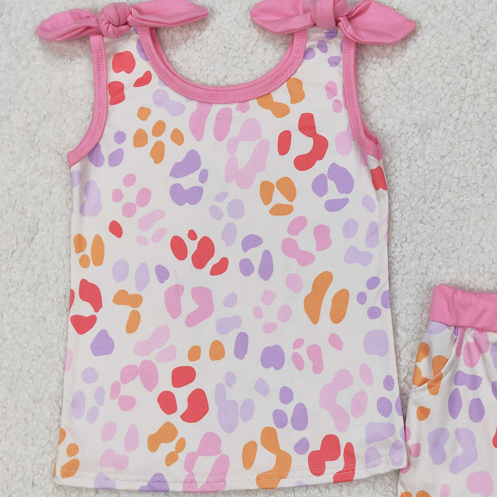4.17 GSSO2081 RTS NO MOQ Colorful leopard print rose red sleeveless shorts set