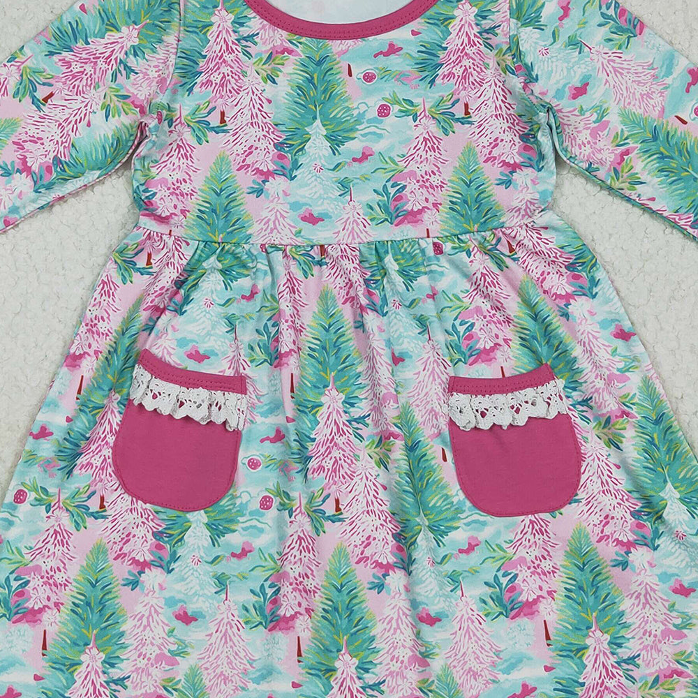 8.13 GLD1072RTS NO MOQ Baby Girls Winter Dress Baby Girls Long Ruffle Sleeves Trees Floral Pockets Knee Length Dress