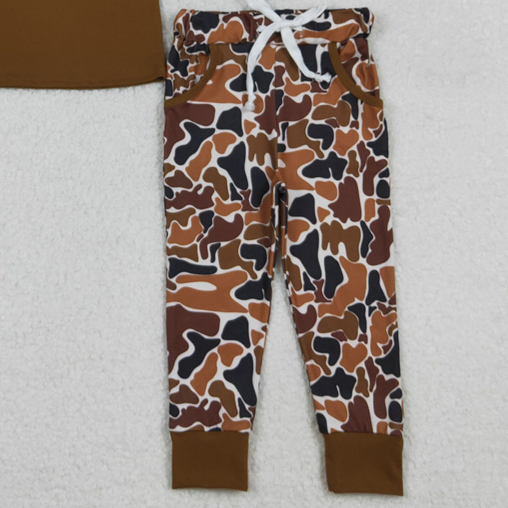 9.27 RTS NO MOQ (In stock)BLP1078 Baby Boys Winter Outfits Embroidery Camo Deer Baby Boys Brown Top Pockets Leggings Clothes Set
